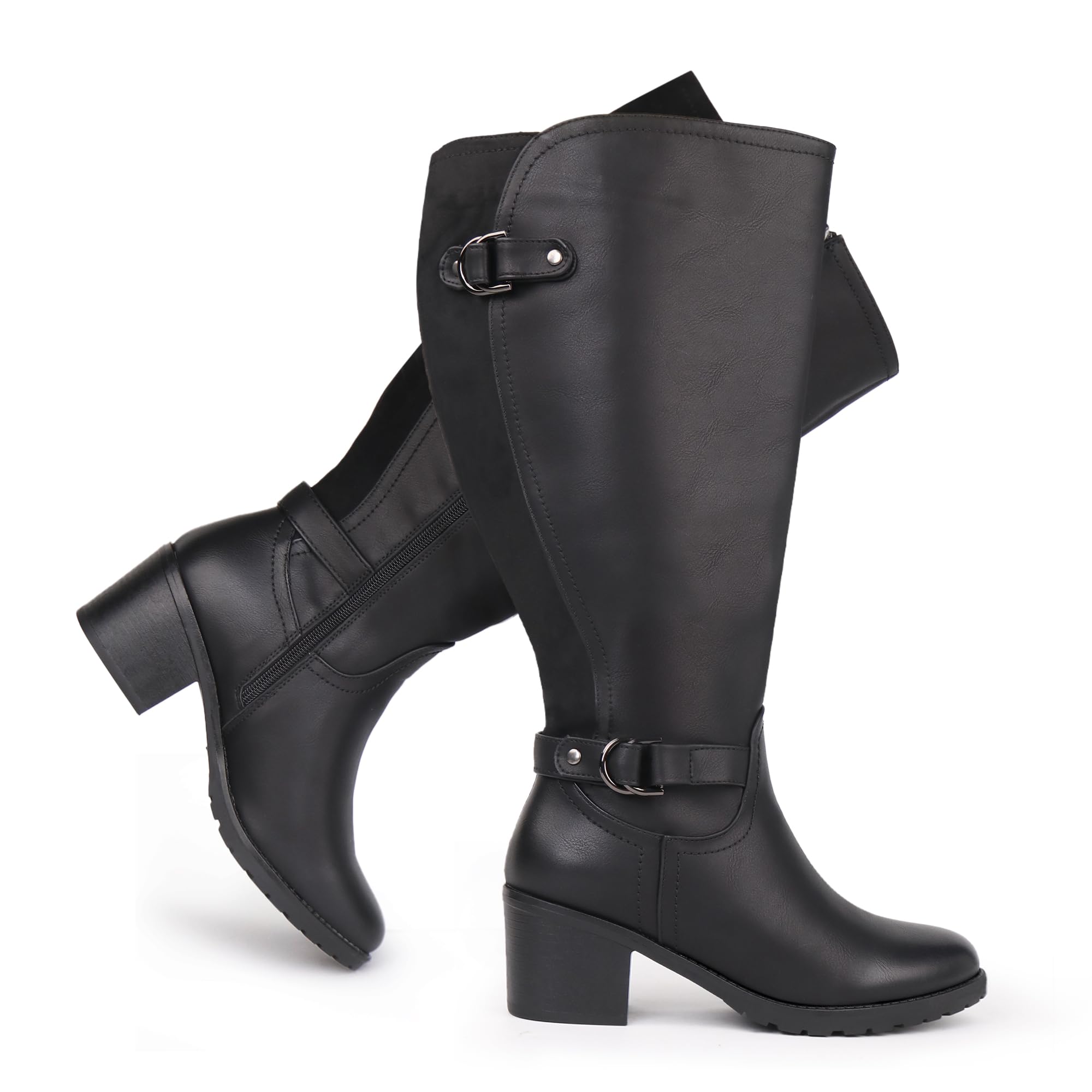 Botas altas de montar para mujer, de caña ancha, con tacón cuadrado y doble hebilla decorada