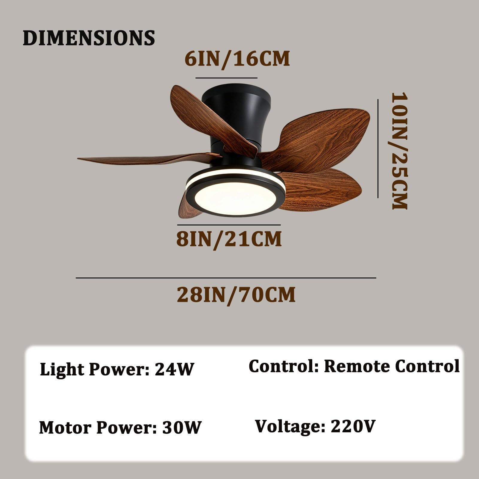 Ventilador de techo mini de 28" con 5 aspas y luz, silencioso e inteligente.