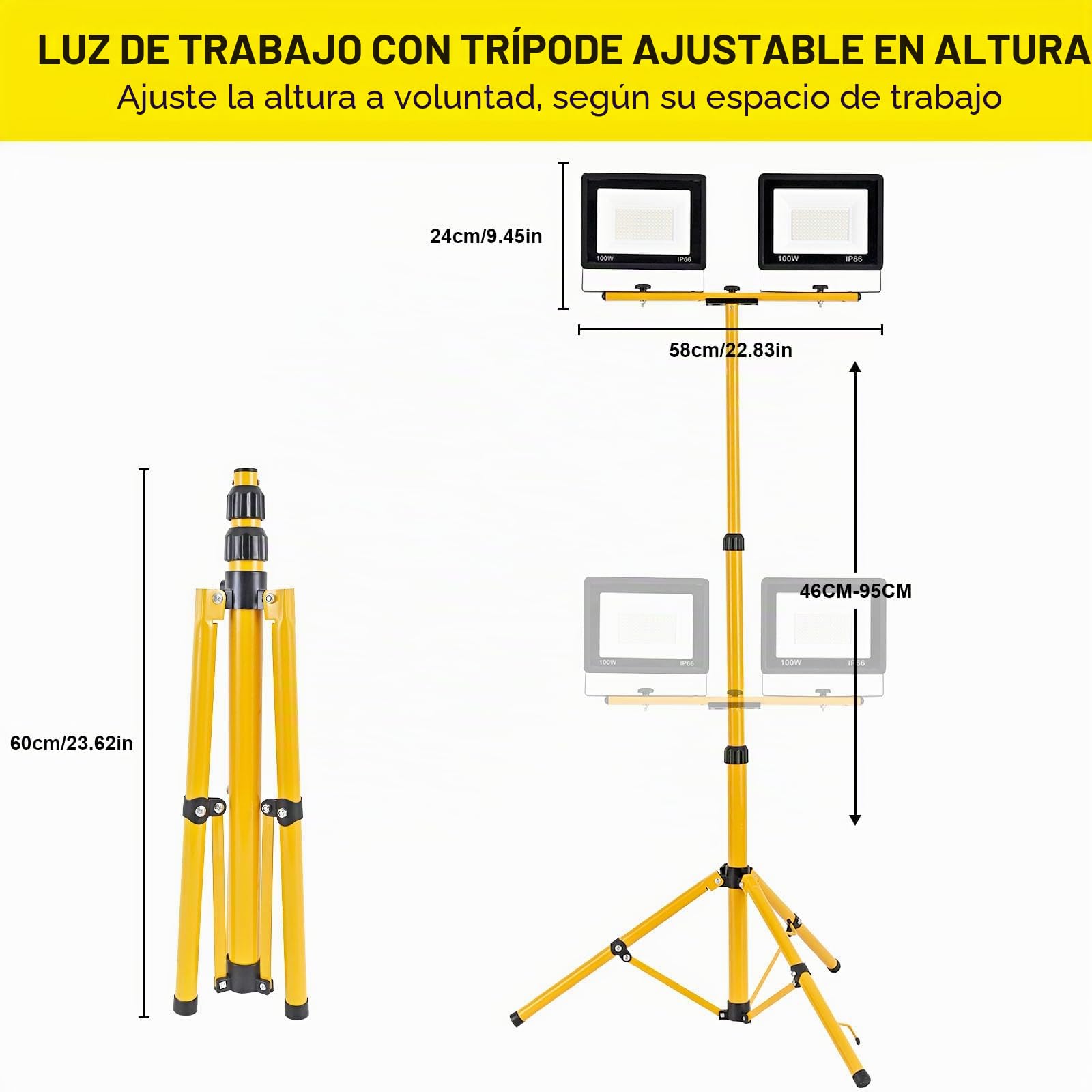 Foco de Trabajo LED 200W con Trípode Telescópico, 20000LM 6500K Foco de Trabajo LED con Enchufe Cable de 3m, Rotación de 360°, IP66 Impermeable Luz de Trabajo para Taller, Obras, Garaje