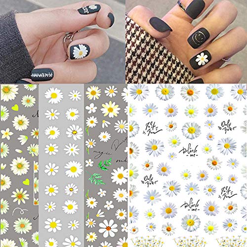 Daisy Nail Art Stickers Decals Nail Art Supplies 4 Design Nail Foil Art Daisy Sun Flower, 3D Nail Art Self-Adhesive Nail Decals for Woman Girl Nail Designs Decorations