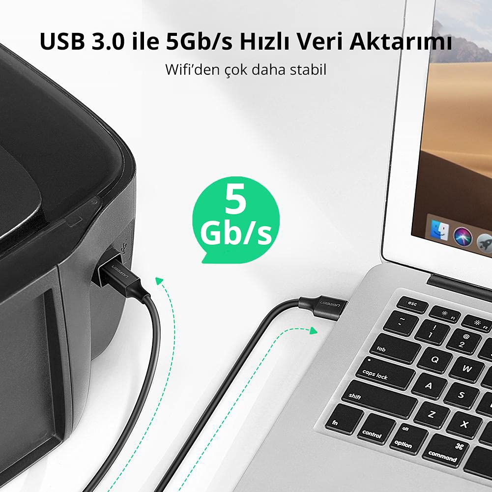 Ugreen USB-A 3.0 & USB-B 3.0 Yazıcı Kablosu, 1 Metre, Siyah