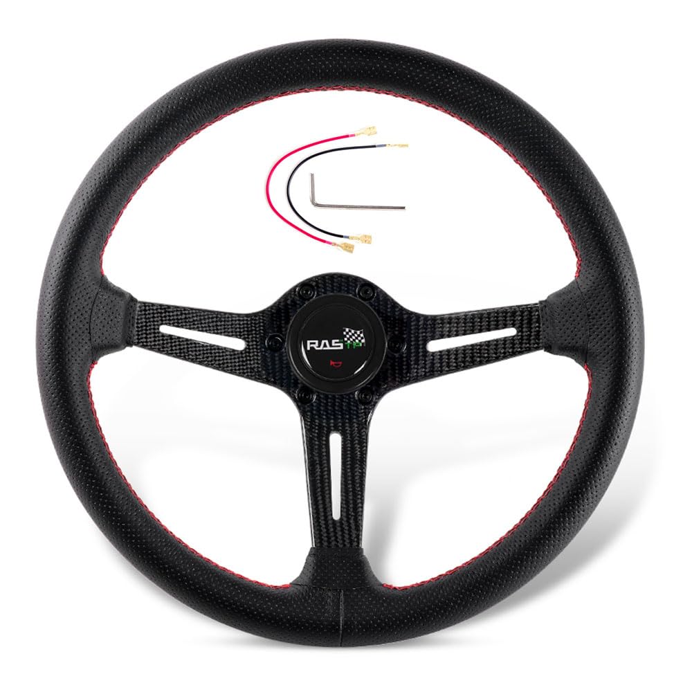 RASTP 13.8”/350mm Racing Steering Wheel, Grip PU Leather & Real Carbon Fiber Spoke 6 Bolt Steering Wheel