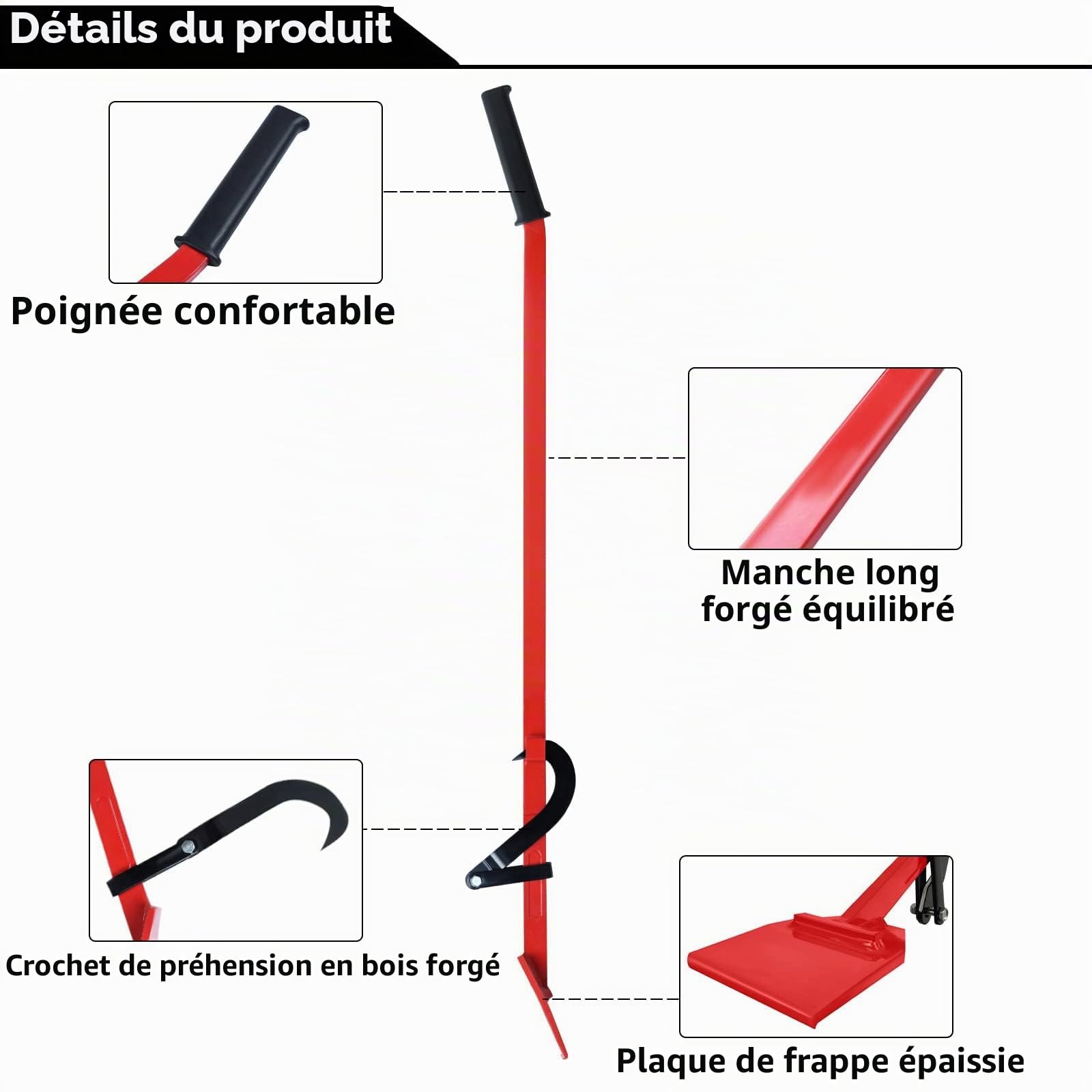 UISEBRT Levier d'abattage de 130 cm en acier à haute résistance avec crochet de retournement et poignée antidérapante en caoutchouc – Levier de tronc pour l'abattage d'arbres, charge maximale 250 kg
