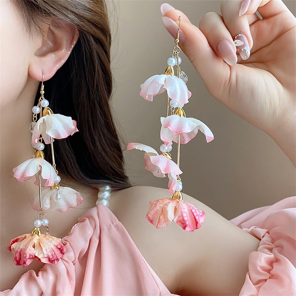 Bohemian Fabric Flower Tassel Dangle Drop Earrings Unique Petal Butterfly Sparkly Crystal Pearl Gold Stud Earrings For Women - Image 3