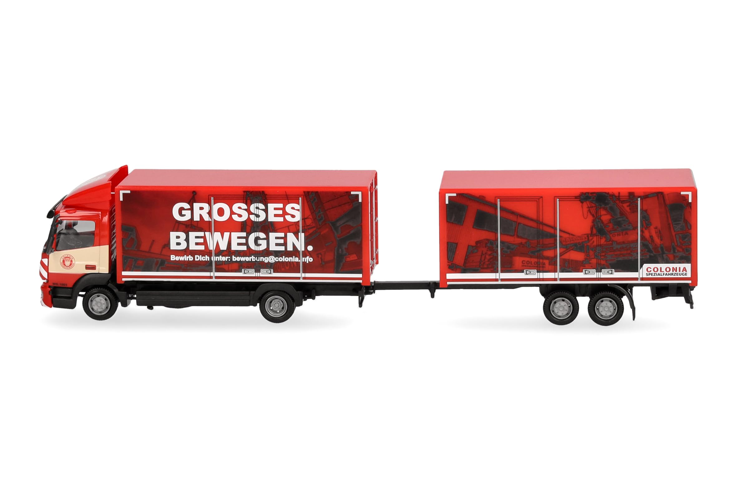 Herpa model ciężarówki Mercedes-Benz Atego 13 zestaw skrzyniowy "Colonia", miniatura w skali 1:87, model kolekcjonerski, wyprodukowano w Niemczech, tworzywo sztuczne