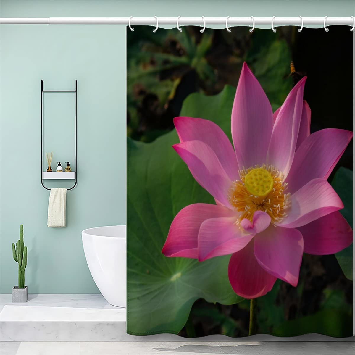 VASENA Pink Flowers Shower Curtain Mould Proof Resistant Waterproof Polyester 3D Printed Lotus Bath Curtains for Shower with 12 Hooks Art Deco 180x200 cm