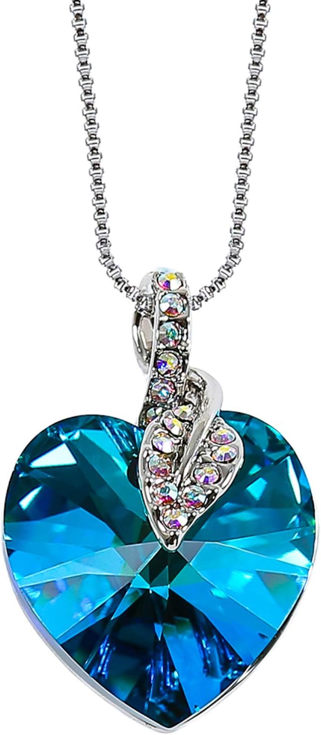 MOONSTONEFashion Pendant For Women Sterling Silver Elegant Leaf Heart Swarovski Crystal Elements Chain, Crystal Bermuda Blue