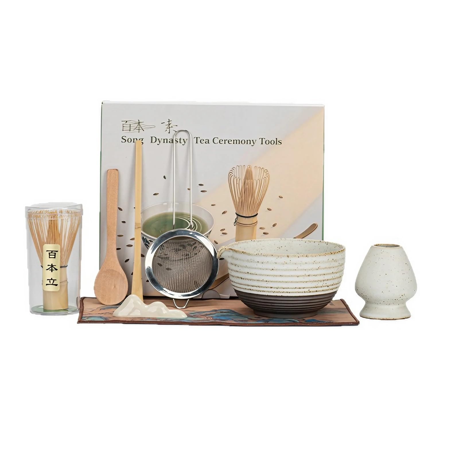 Matcha Kit 8 Pezzi, Matcha Cerimoniale, Ciotola Matcha, Frusta Matcha in Bambù 80 Denti, Supporto Chasen in Ceramica, Set Matcha per Principianti Regalo (marrone)