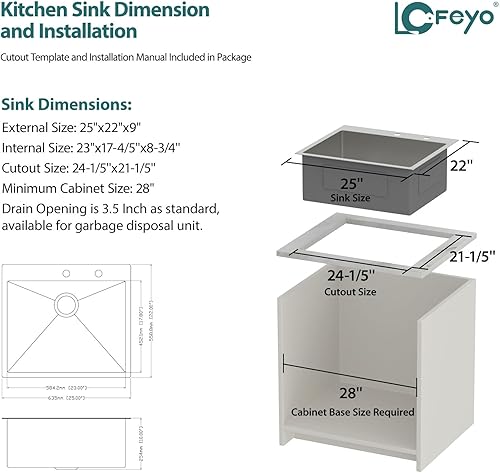 Miniatura 5 de Fregadero de cocina de acero inoxidable de calibre 16 hecho a mano de 25 x 22 pulgadas, montaje superior, para cocina, RV, bar, preparación,