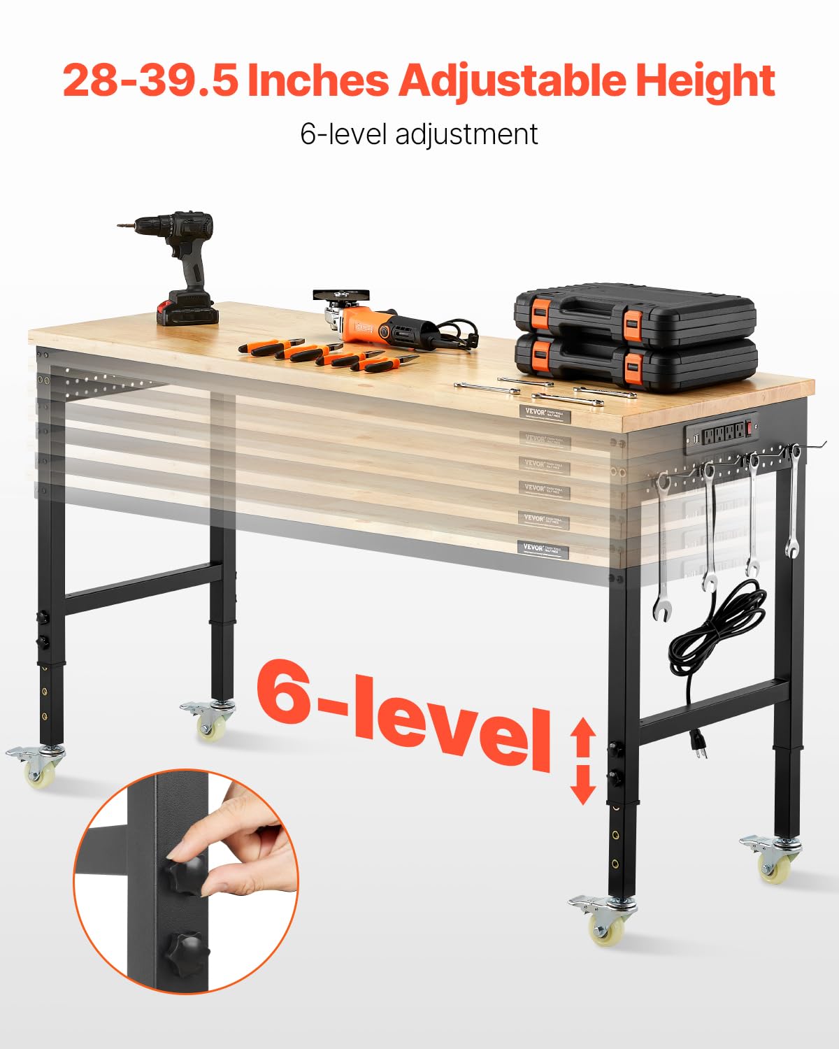VEVOR Banco da Lavoro Regolabile 1524 mm, Carico 907 kg, Presa di Corrente, Tavolo per Lavoro Porta Attrezzi, Piano in Legno di Quercia per Garage, Officina, Ufficio e Casa