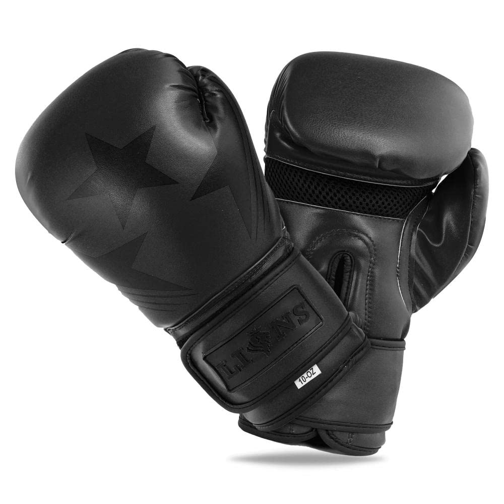 Lions Star Boxing Gloves Men Women - Rex Leather Sparring Professional MMA Muay Thai Training Punch Bag Punching Mitts, Kickboxing Heavy Focus Training (Black, 14oz)