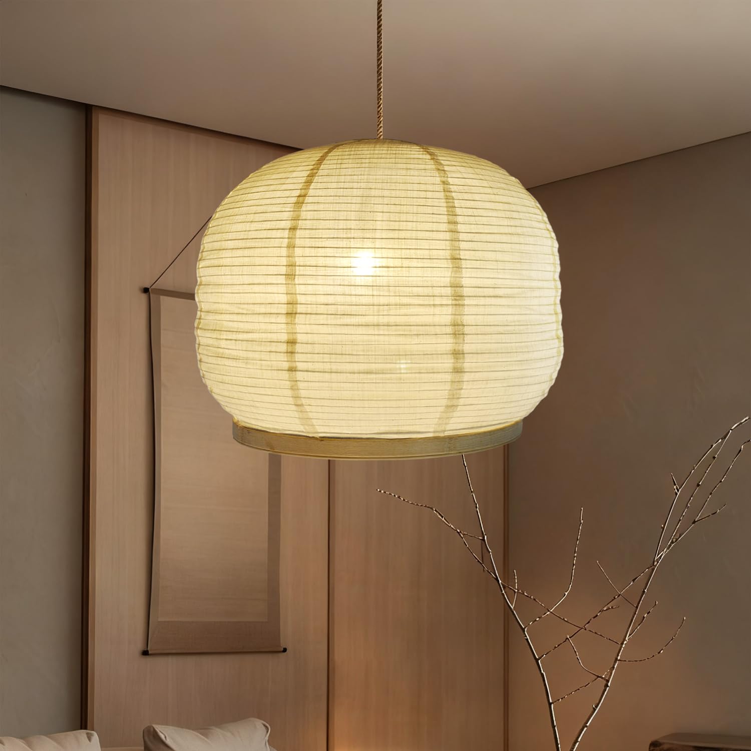 METHDEECO Hängelampe 45 x 35 cm aus Stoff und Bambus mit Stecker | Handgefertigt, Boho/Japandi Stil, Mit Schalter, Für Schlafzimmer, Wohnzimmer, Essbereich, Ohne Leuchtmittel