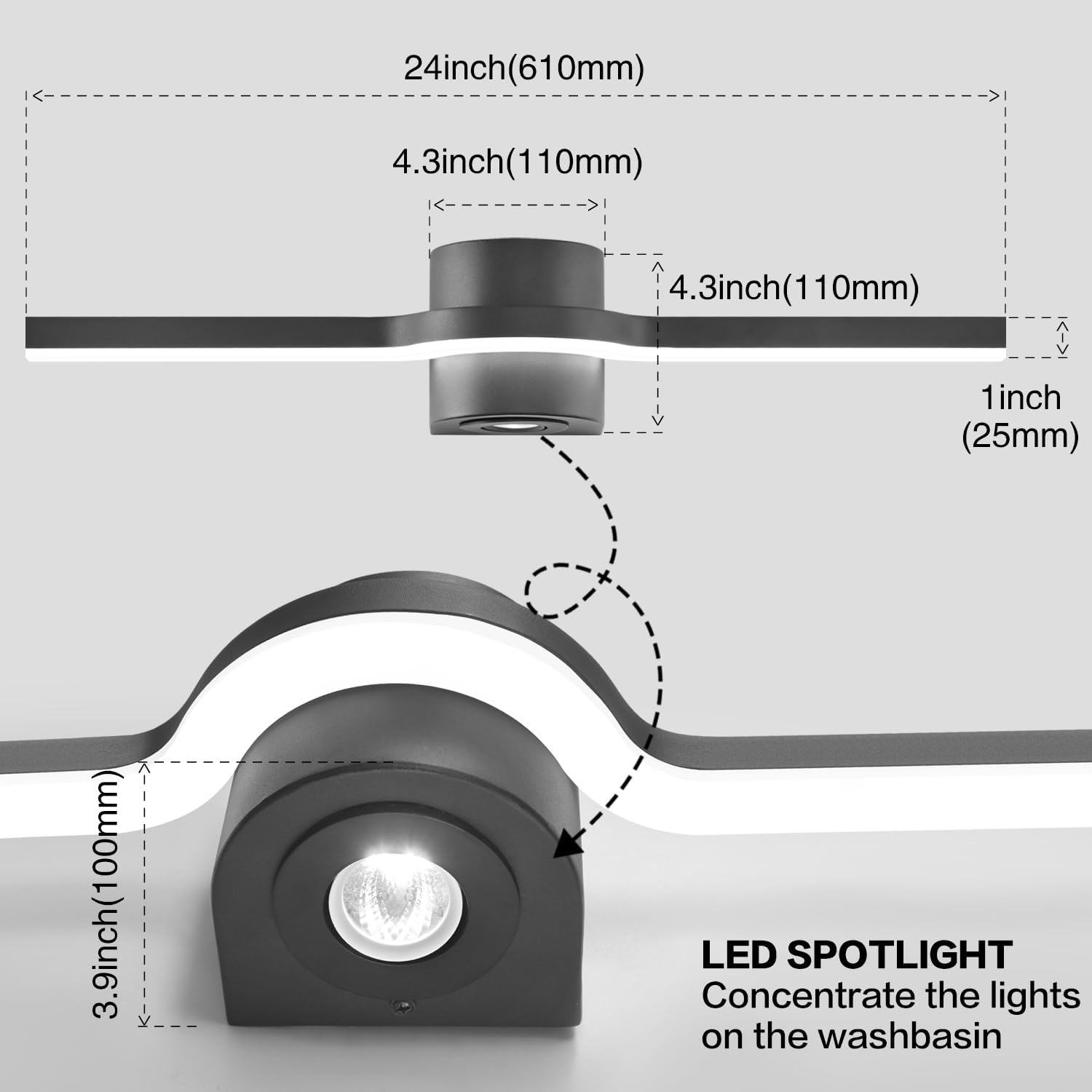 ZUZITO Bathroom Light Fixtures Over Mirror – 24 Inch Black Vanity Light for Bathroom LED Dimmable 6000K Cool White with Extra Spotlight Modern Matte Black Aluminum