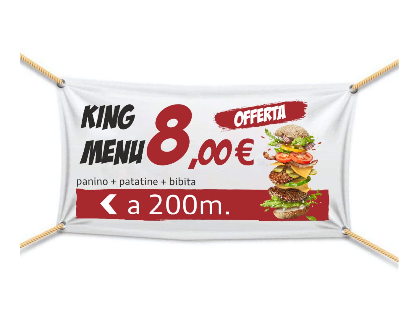 Banner Striscione - OFFERTA FAST FOOD CON NOME,PREZZO E SCRITTE PERSONALIZZABILE - Banner PVC Da Esterno GARANZIA 10 ANNI (300X100 CM)