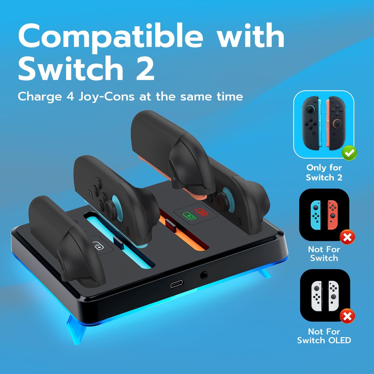 Mcbazel Station de Charge RGB pour Switch 2, Chargeur Magnétique pour Manette avec 9 Modes D'éclairage, Design Incliné à 17 Degrés et Montage Mural, Indicateurs LED pour Manette NS Switch 2 (Noir)