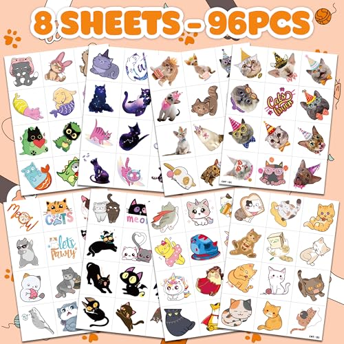 Image of 96 PCS Pre-Cut Cat Temporary Tattoos for Kids | Birthday Party Favors Gifts | Super Cute Cats Pet Themed Animal Paw Fake Tattoo Stickers, Supplies, Decorations, Rewards for Boys Girls
