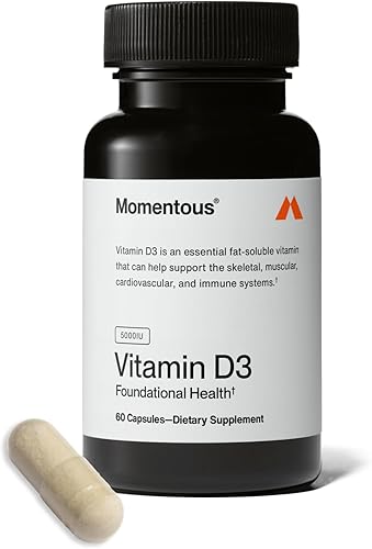 Momentous Suplemento de vitamina D3 – Cápsulas de 5,000 UI para apoyo básico de la salud – Certificado NSF para el deporte – Sin gluten – 60