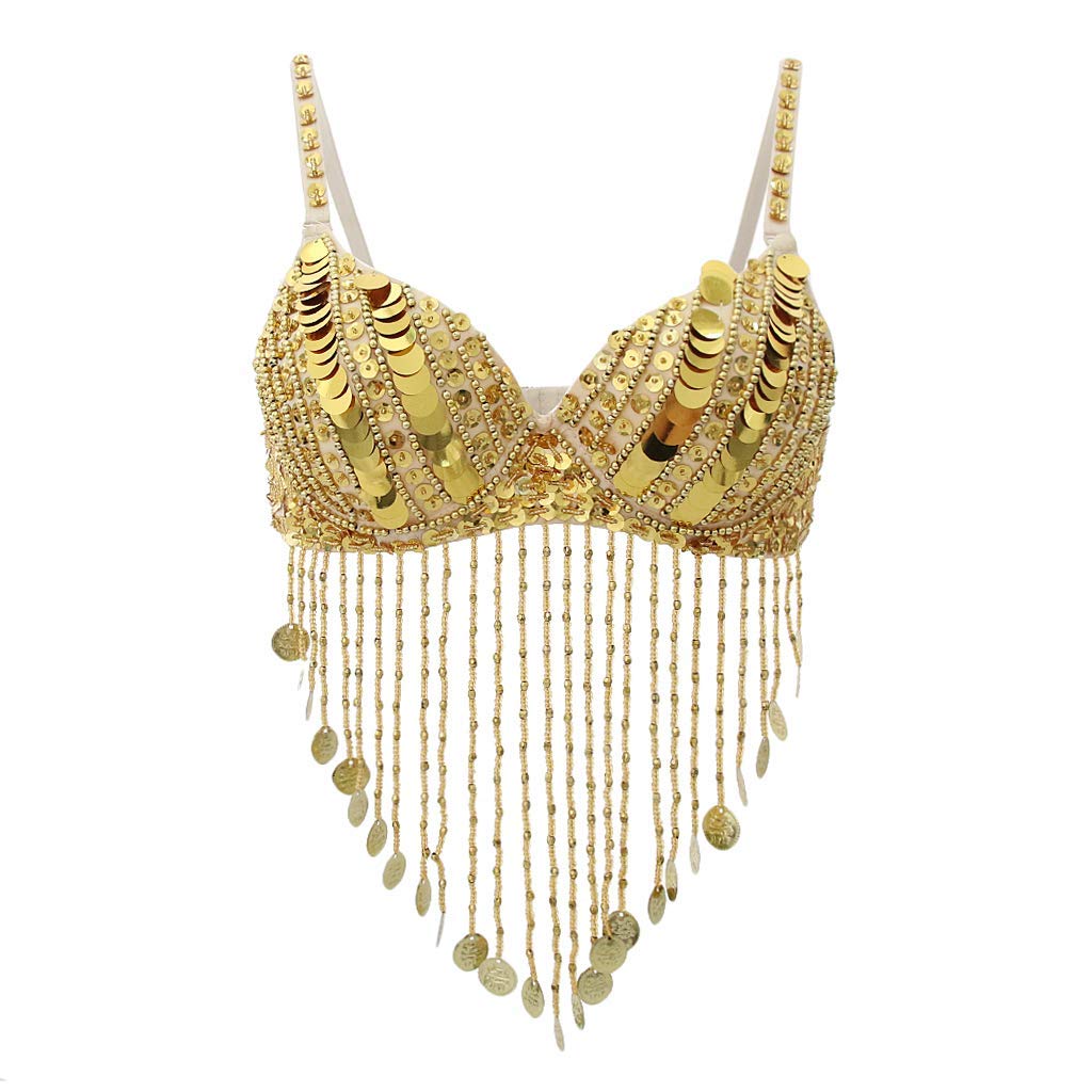 Tubayia Women's Gold Belly Dance Bra Sequins Tassels Bra Top Costume For Dancing Carnival Party