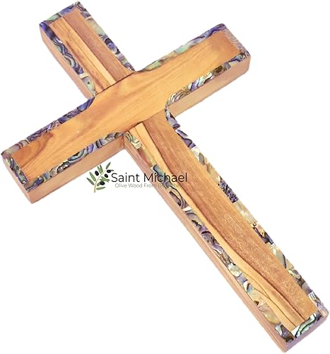 Miniatura 2 de SAINT MICHAEL OLIVE WOOD FROM BETHLEHEM Cruz de pared de madera de olivo de 6 pulgadas con diseño de nácar, cruces de tierra santa de Belén