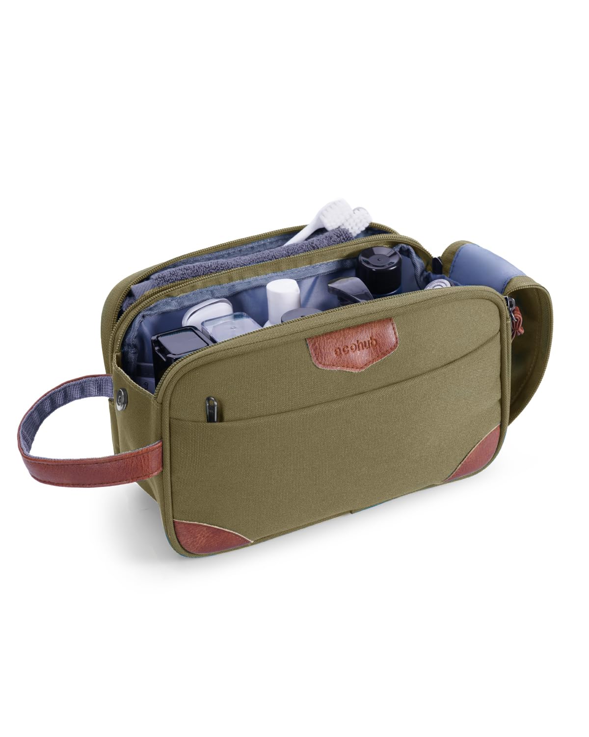 ECOHUB Reise Kulturbeutel für Herren, Kosmetiktasche mit Doppelter Reißverschlussöffnung, Wasserdicht Kulturtasche mit Groß Fach & Nassfach, PET-Recycelte Waschtasche, Toiletry Bag Männer(Olivgelb)