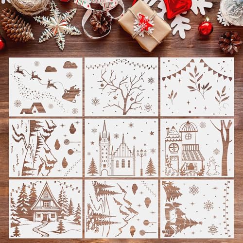 Lot de 9 pochoirs de peinture de Noël grand format, motifs variés pour décoration de fenêtre, idéal pour les fêtes, les murs en verre ou la décoration de la maison