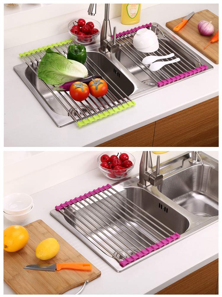 Escurridor de platos, escurridor de cocina enrollable sobre el fregadero, diseño plegable de acero inoxidable para un secado cómodo y ahorro de espacio, 37 x 23 cm para encimera de fregadero