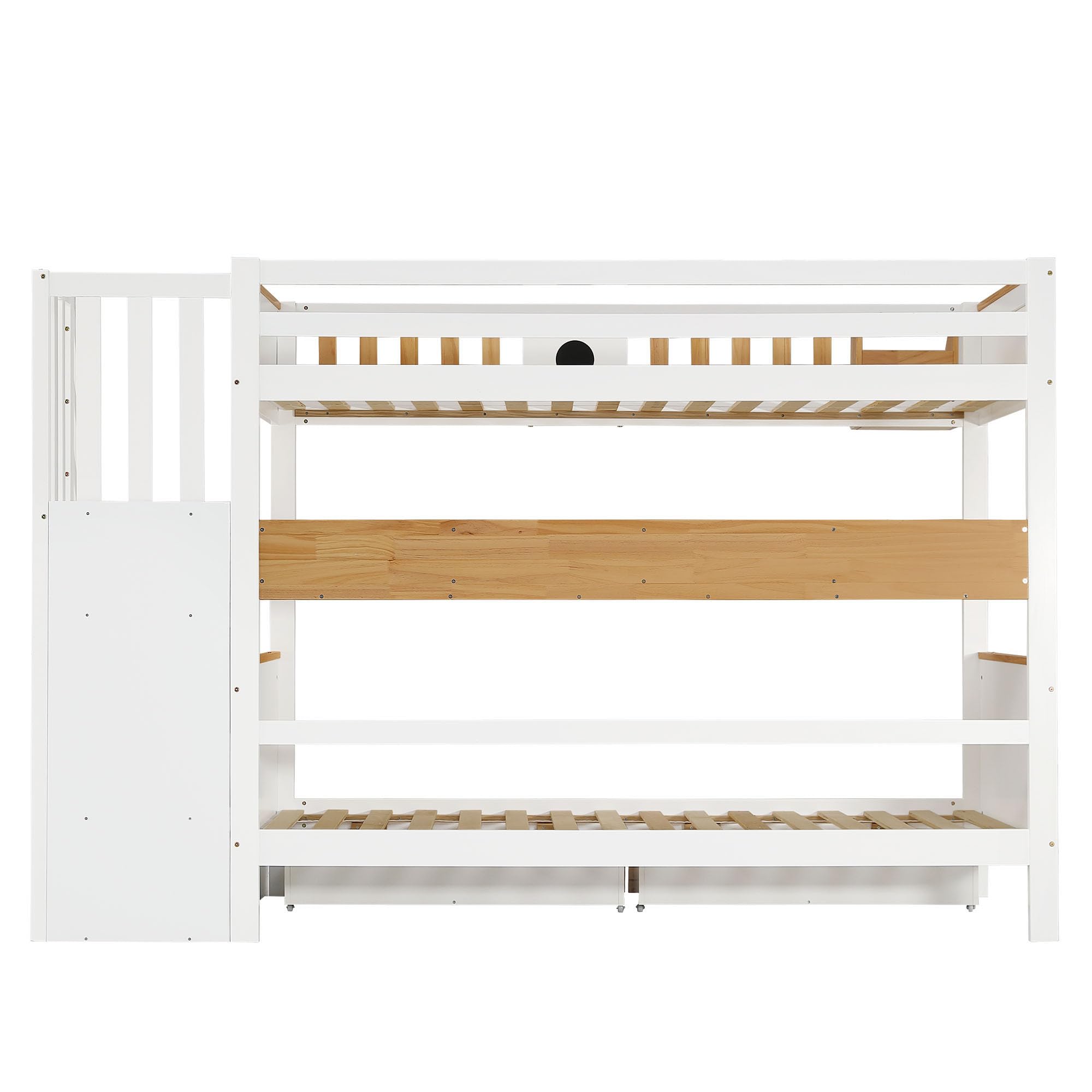 Idemon Letto a castello con scale, lavagna, mensole e scaffali, telaio in legno di pino e MDF, lettino con 4 armadietti nelle scale, con griglia anticaduta e 2 cassetti, bianco+naturale, 90 x 200 cm