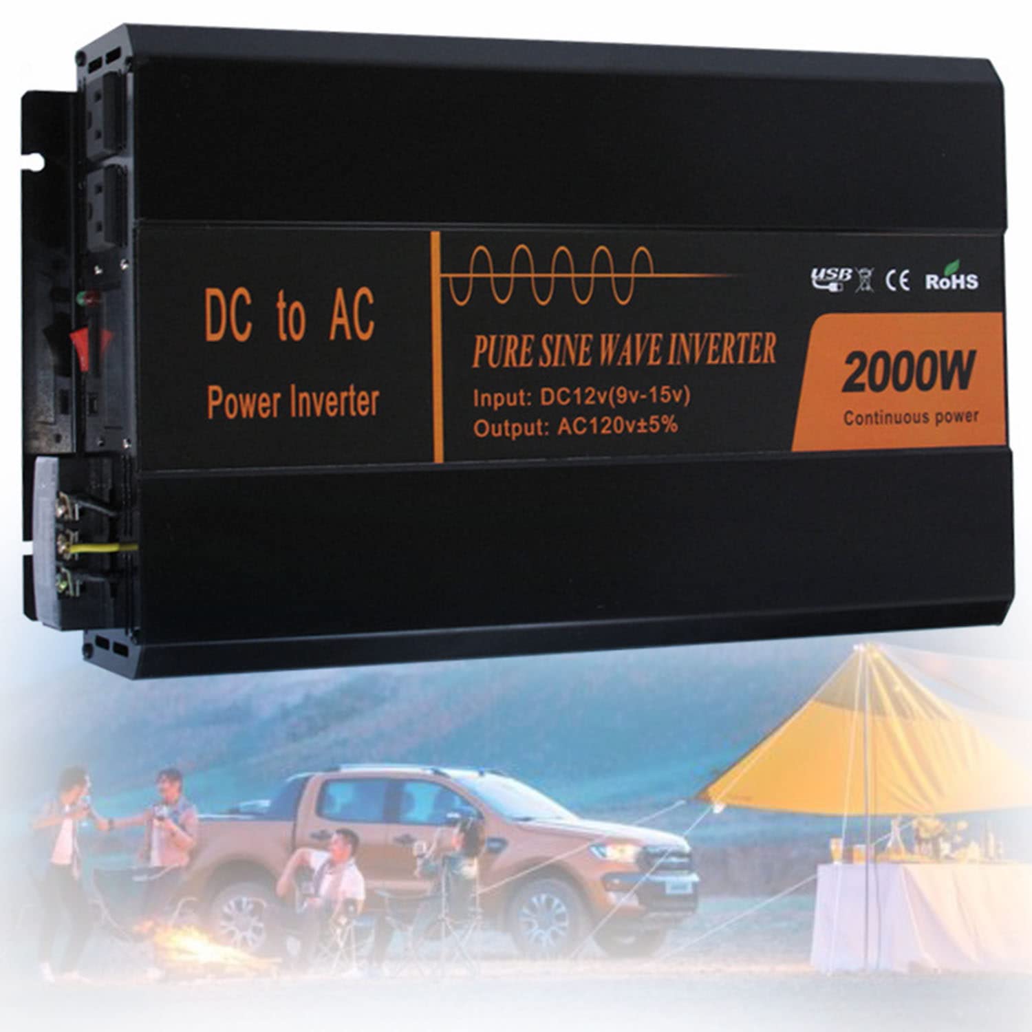 1000 W 2000 W 3000 W 4000 W 5000 W (moc znamionowa) Przetwornica czystej fali sinusoidalnej 12 V/24 V DC na 110 V/220 V AC do domu, kampera, falownika słonecznego z wyświetlaczem LCD 2 gniazda AC, 2