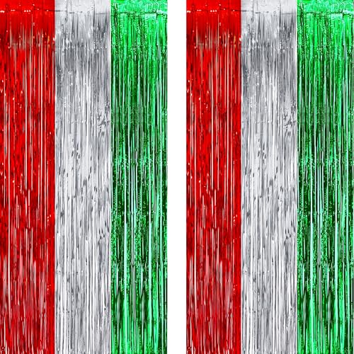 Image of Red Silver Green Party Streamers - GREATRIL Christmas Tinsel Backdrop for Xmas Winter Italian Elf Themed Parties Decorations - 2 Packs
