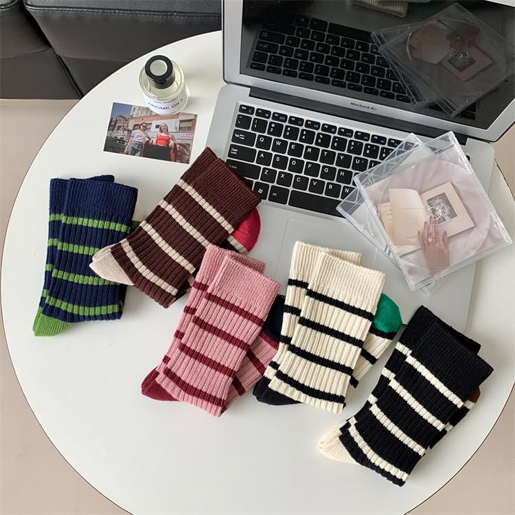 Image of 5 /10 Pairs Retro Style Colorful Striped Socks, Cute Athletic Crew socks for Women