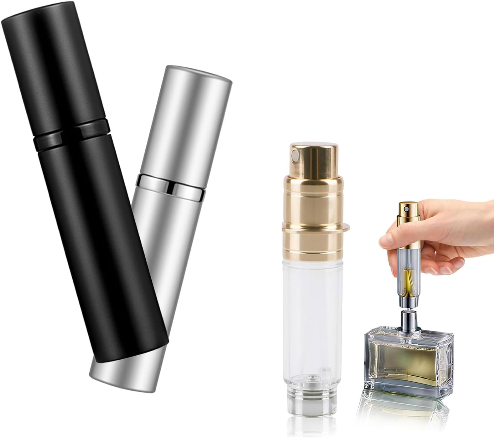 2Pcs Travel Refillable Perfume Bottle : 5ml Mini Portable Perfume Empty Atomisers - Bottom Fill Pocket P-e-r-f-u-m-e Dispenser, Unisex for Travel Vacation Birthday Anniversary (Black+Silver)
