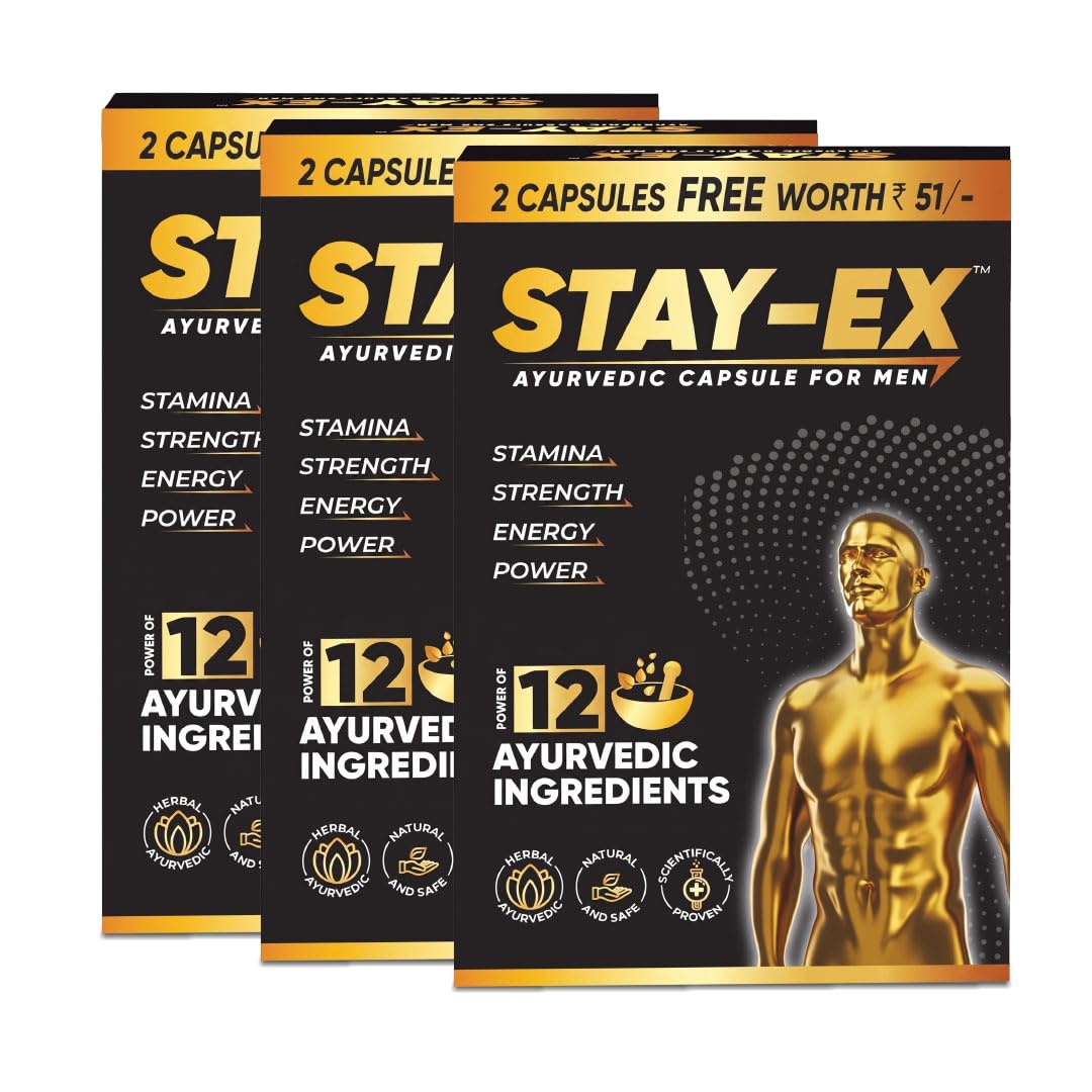 Stay EX Ayurvedic Capsules for Men x3 | 36 Capsules | Natural Shilajit, Ashwagandha, Safed Musli & Gokshura | Stamina, Strength, Energy & Power | Proprietary Formulation