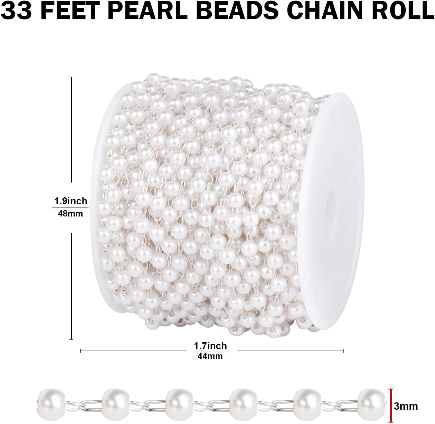 [33 FT] Silver Plated Pearl Beads Chain Bulk for Jewelry Making, 3mm Pearls Beaded Brass Oval Link Chains Roll Spool for DIY Craft Jewelry Making - Image 2