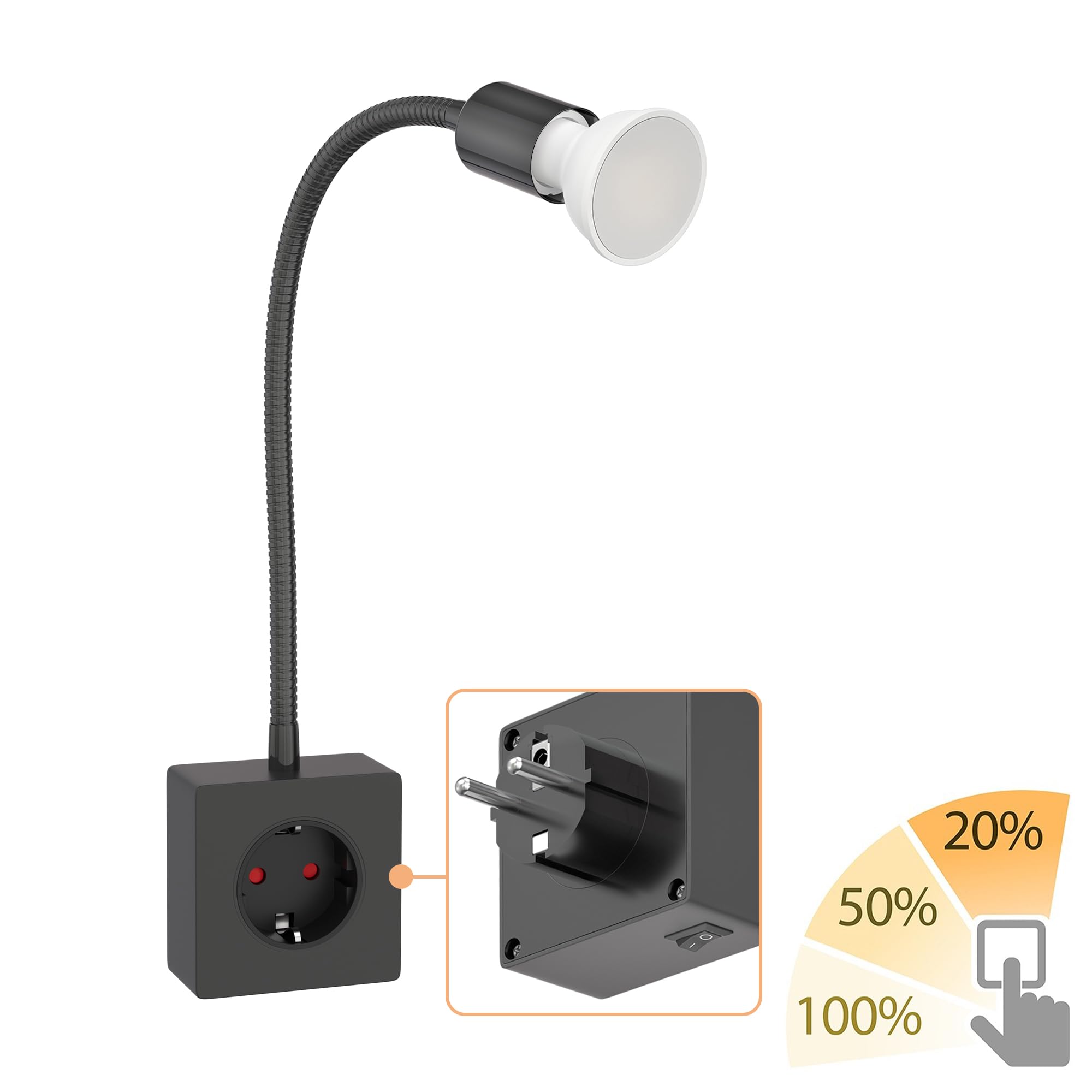 ledscom.de Steckdosenlampe LESCH Leselampe, chrom/schwarz inkl. GU10 LED Lampe 5,8W, 500lm, 3-Stufen-Dimmer, warmweiß