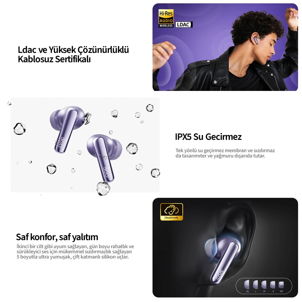 QCY MeloBuds N70 Auriculares Bluetooth, audio Hi-Res, LDAC, 50 dB Hybrid ANC cancelación de ruido, 50 horas de duración de la batería, gris, in-ear, inalámbrico