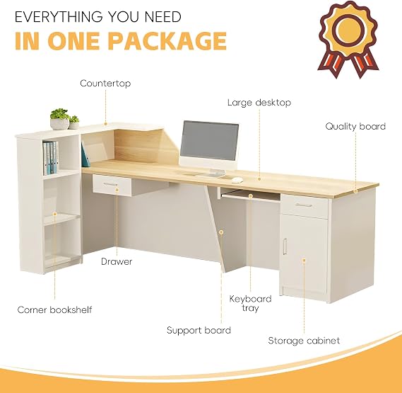 Modern L-Shaped Reception Desk with Storage Shelves and Cabinet, Wooden Front Counter Table for Office, Salon, Boutique – Multiple Sizes & Colors
