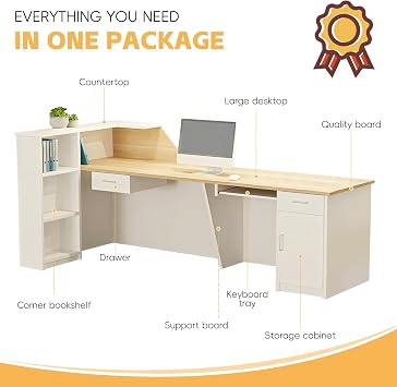 Modern L-Shaped Reception Desk with Storage Shelves and Cabinet, Wooden Front Counter Table for Office, Salon, Boutique – Multiple Sizes & Colors