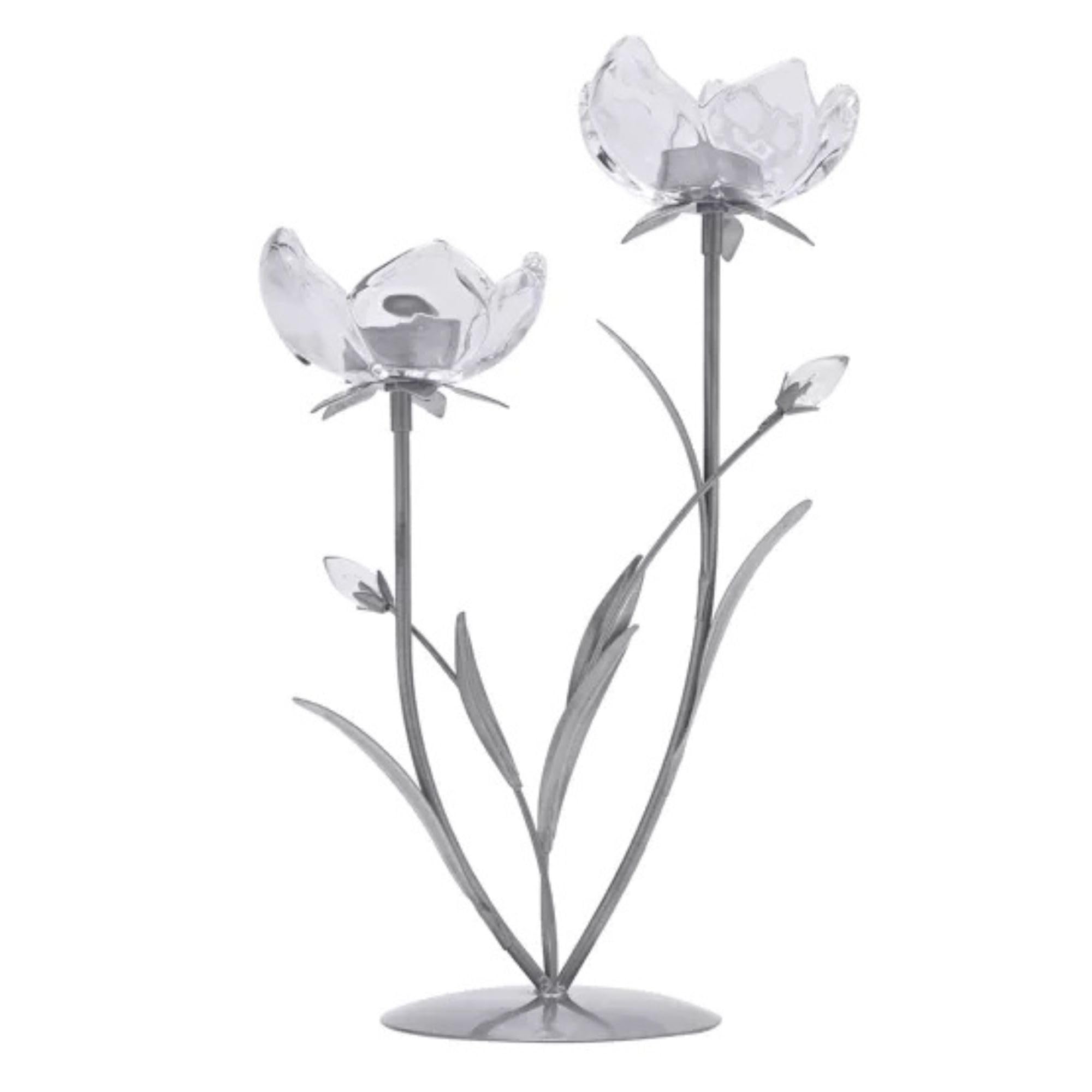 Hestia Unisex Silver 2 Stem Candle Holder W/ Clear Glass On Base