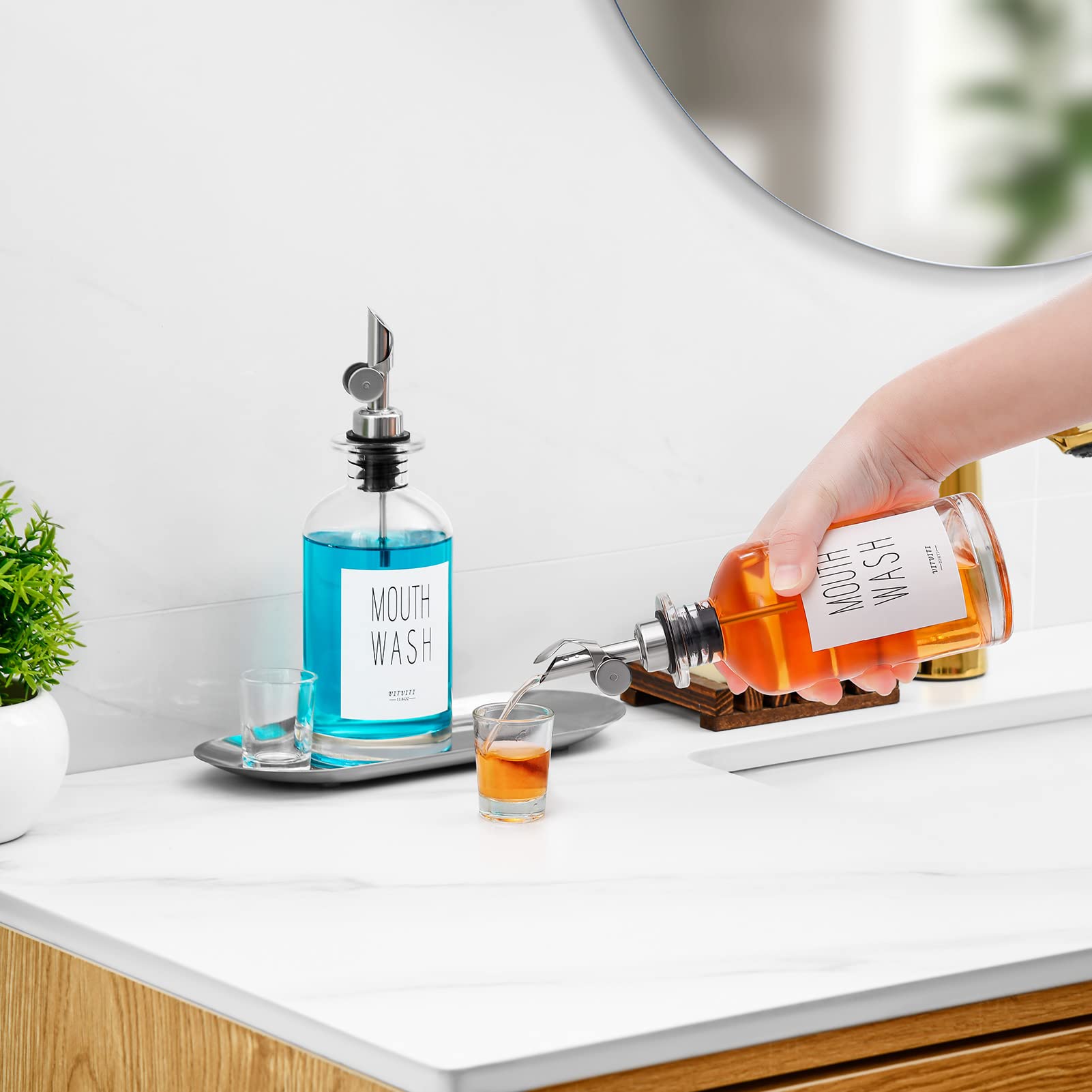 VITVITI Mouthwash Dispenser for Bathroom, 2 Clear Glass Mouth Wash Dispensers Container Holder, 11.8OZ Oil Dispenser Bottle with Tray Cups, Stainless Steel
