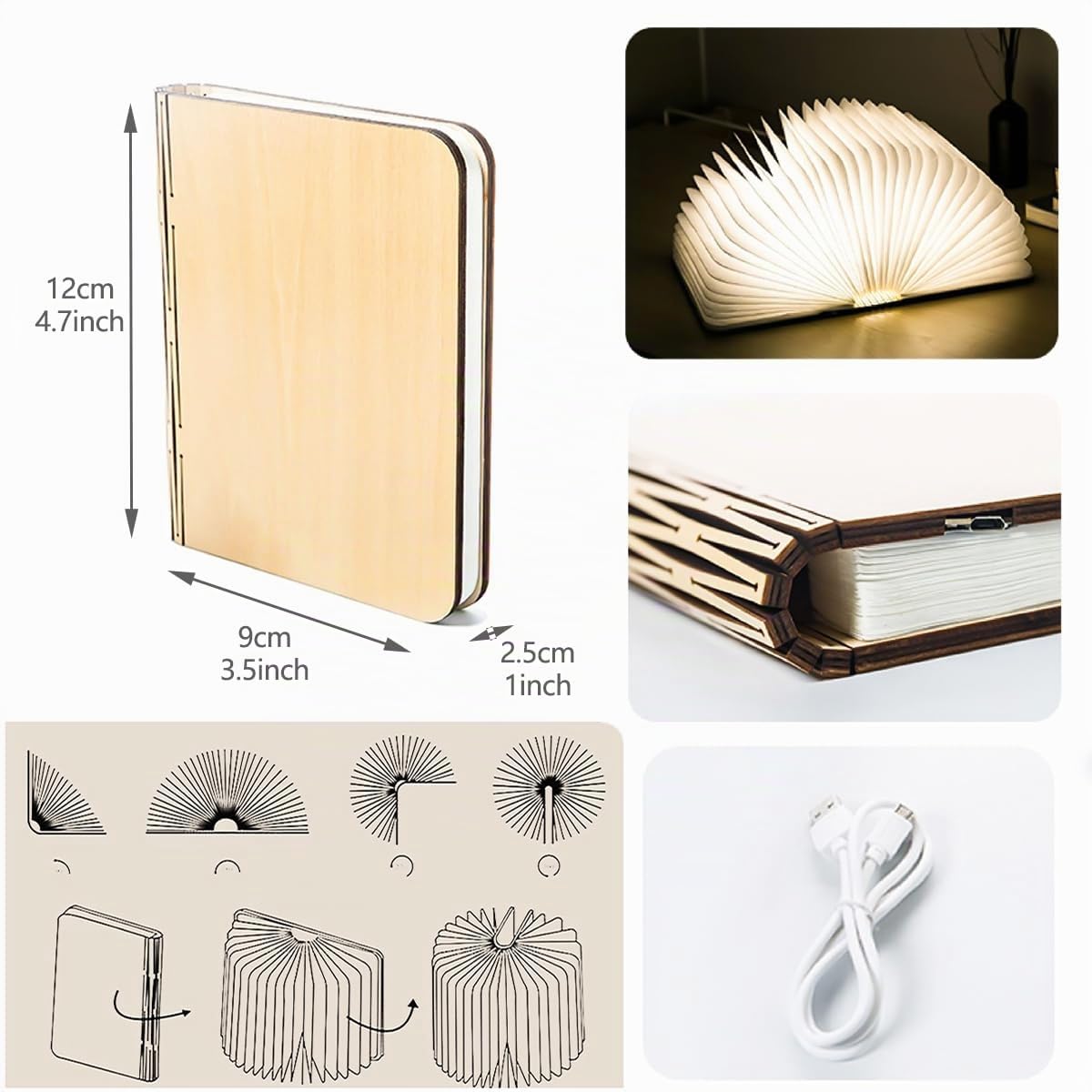 Lampe Livre LED Pliable en Bois, Veilleuse et Lampe de Chevet Rechargeable USB Multicolore, Lampe d’Ambiance, Idée Cadeau Originale pour Noël, Anniversaire, Homme, Femme et Enfant