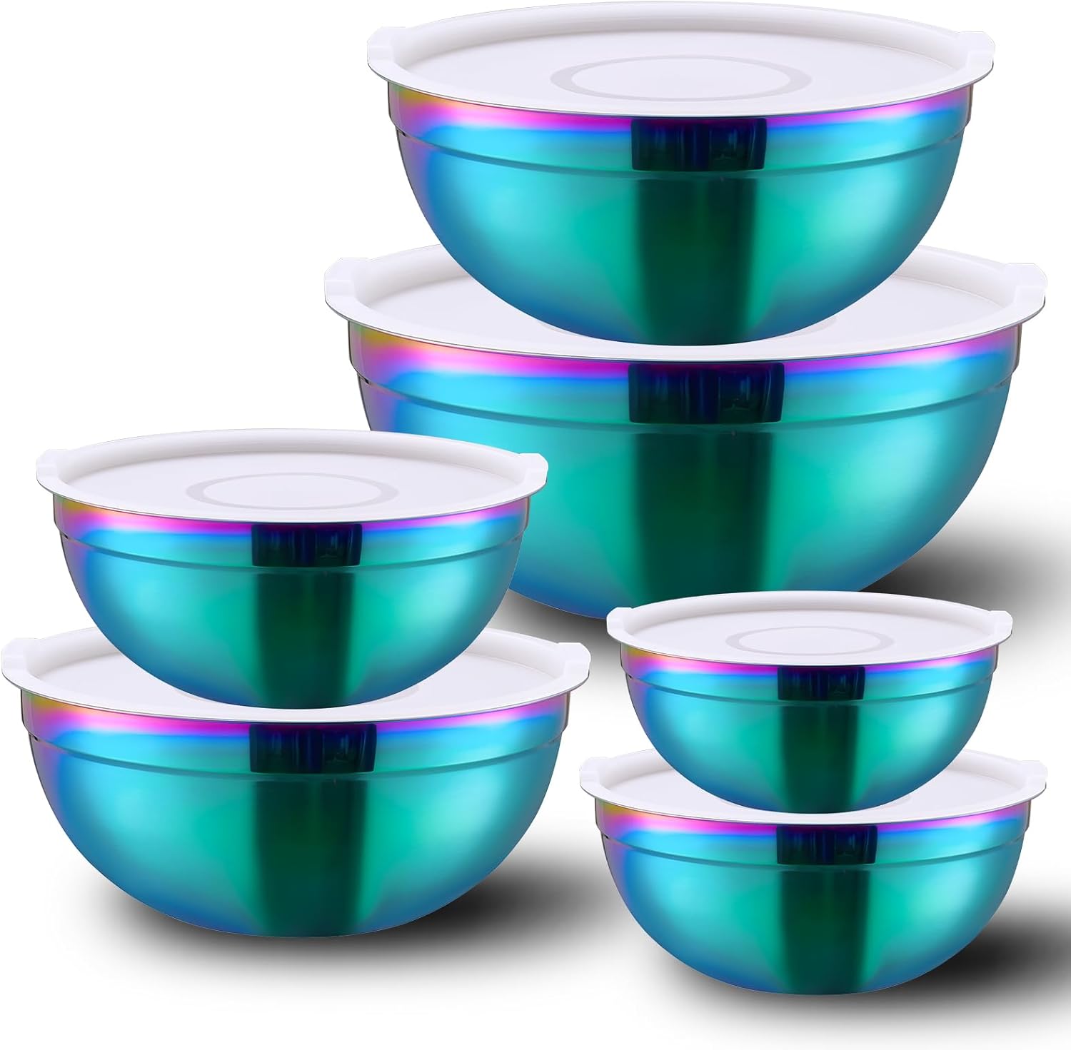 6 Piece Rainbow Mixing Bowls with Lids for Kitchen, Stainless Steel Mixing Bowls Set Ideal for Baking, Prepping, Cooking and Serving Food, Nesting Metal Mixing Bowls for Space Saving Storage