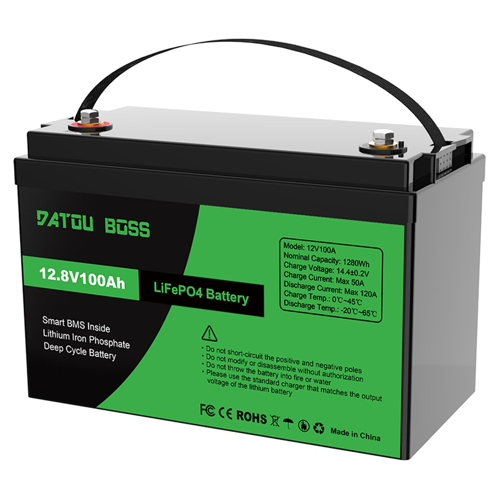 DATOUBOSS Batterie Lithium 12V 100Ah LiFePO4 mit Grade-A-Zellen, 8000+ Zyklen Deep Cycle Lithium Akku, 1280Wh Energie, 100A BMS, unterstützt Serien-/Parallelschaltung, für Wohnmobil und Solarsystem