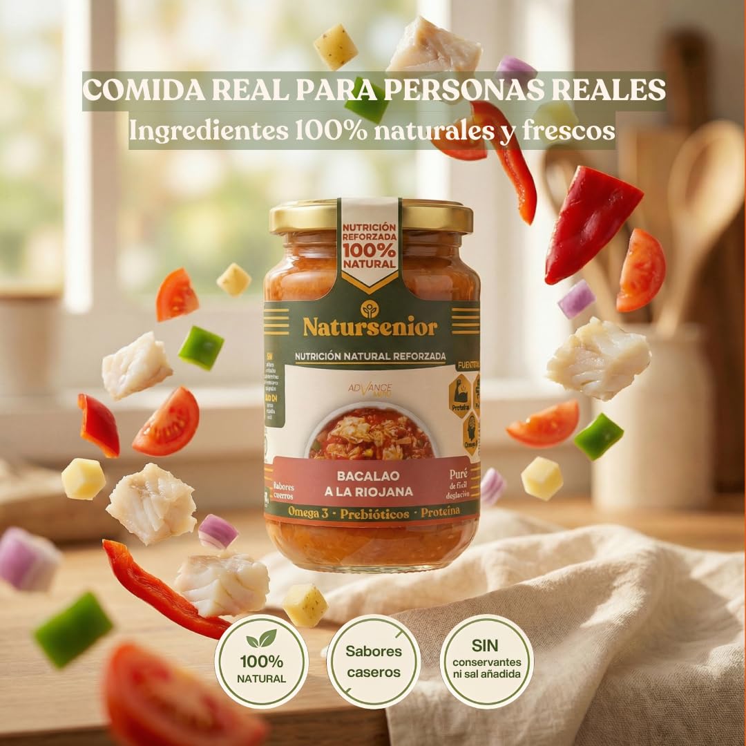 Natursenior Comida Triturada para Personas Mayores Puré de Bacalao a la riojana 100% Natural Omega 3 Fibra Proteína 6 uds x 340g