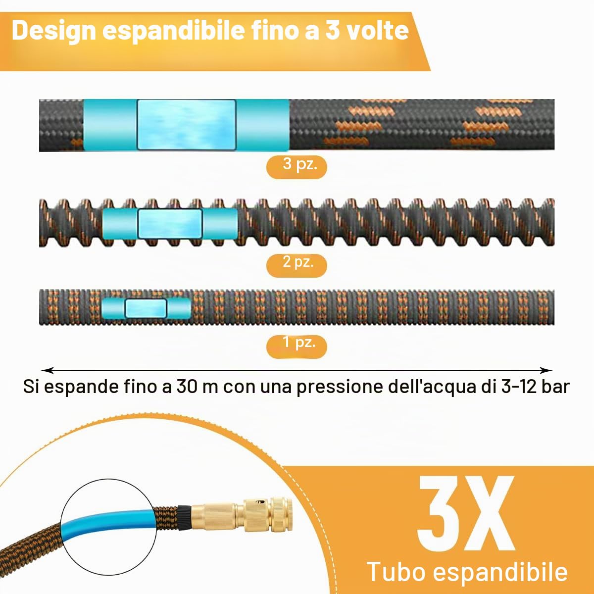 Tubo da giardino flessibile 30 m/100 FT arancione, tubo con 10 funzioni | con ugello spray e connettori in ottone da 3/4" e 1/2",, 3 estensibili, senza pieghe, per giardino, pavimento, terrazza