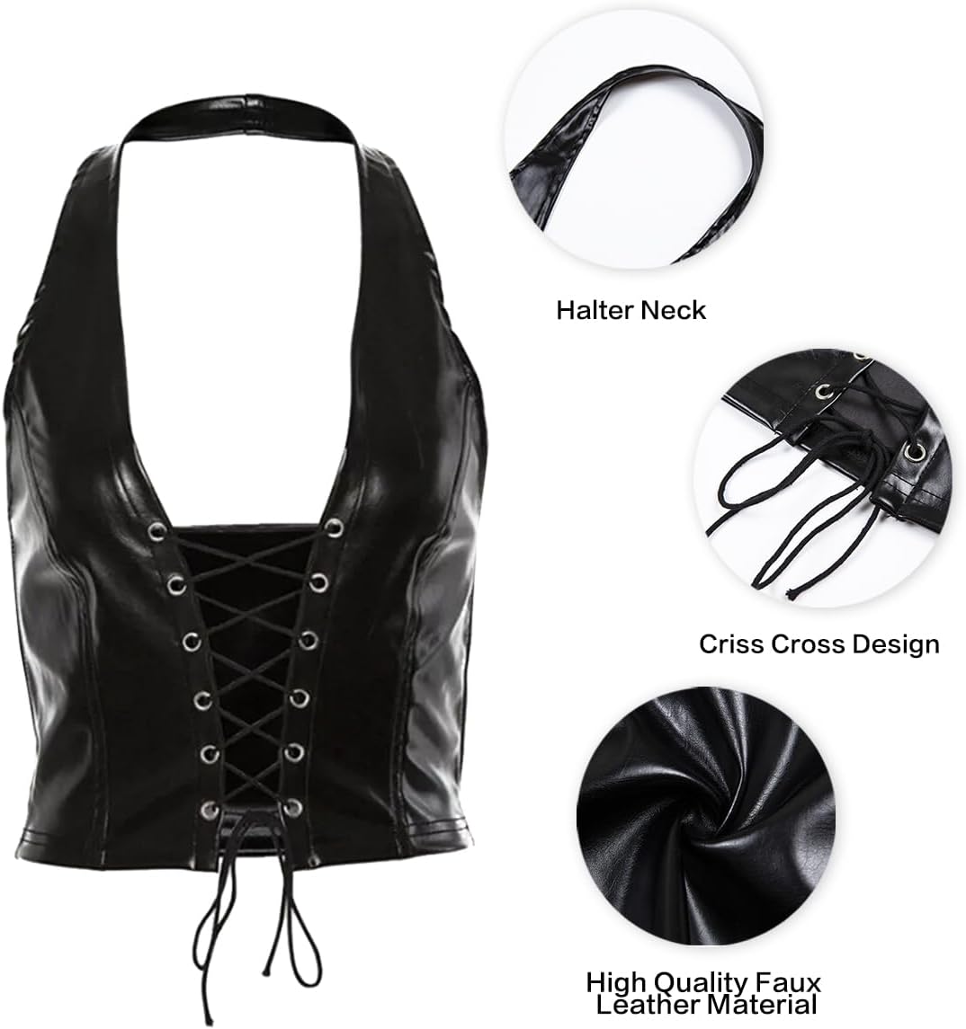 Crop Top Halter for Women Pu Sleeveless V Neck Bodycon Tank Top Bustier Lace Up Front Workout Corset Hippie Clothers - Image 2