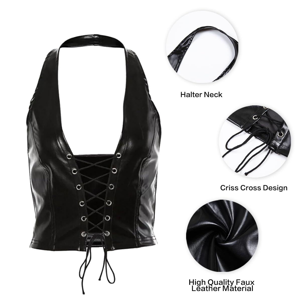 KFLY Débardeur corset sexy en cuir - Col en V profond - Pour femme - Y2k - Style gothique - PU - Haut ventre nu - Clubwear