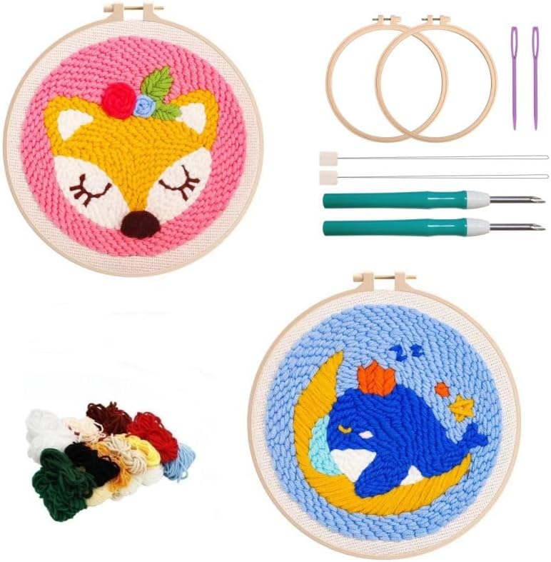 2 Pack Easy Punch Needle Embroidery Moon Dolphin,Deer Starter Kits for Kids and Adults Beginners with Punch Needle Tool,Threader, Stamped Fabric Embroidery,Hoop,Pen, Punch Needle Kits