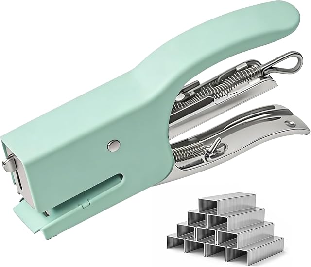 Compact Mini Plier Stapler with 750 Staples (Mini 3/16 Inch), Portable Handheld Ergonomic All-Metal Squeeze Binding Tool Desktop Paper Fastener for Office School Home Business Travel Receipts - Green