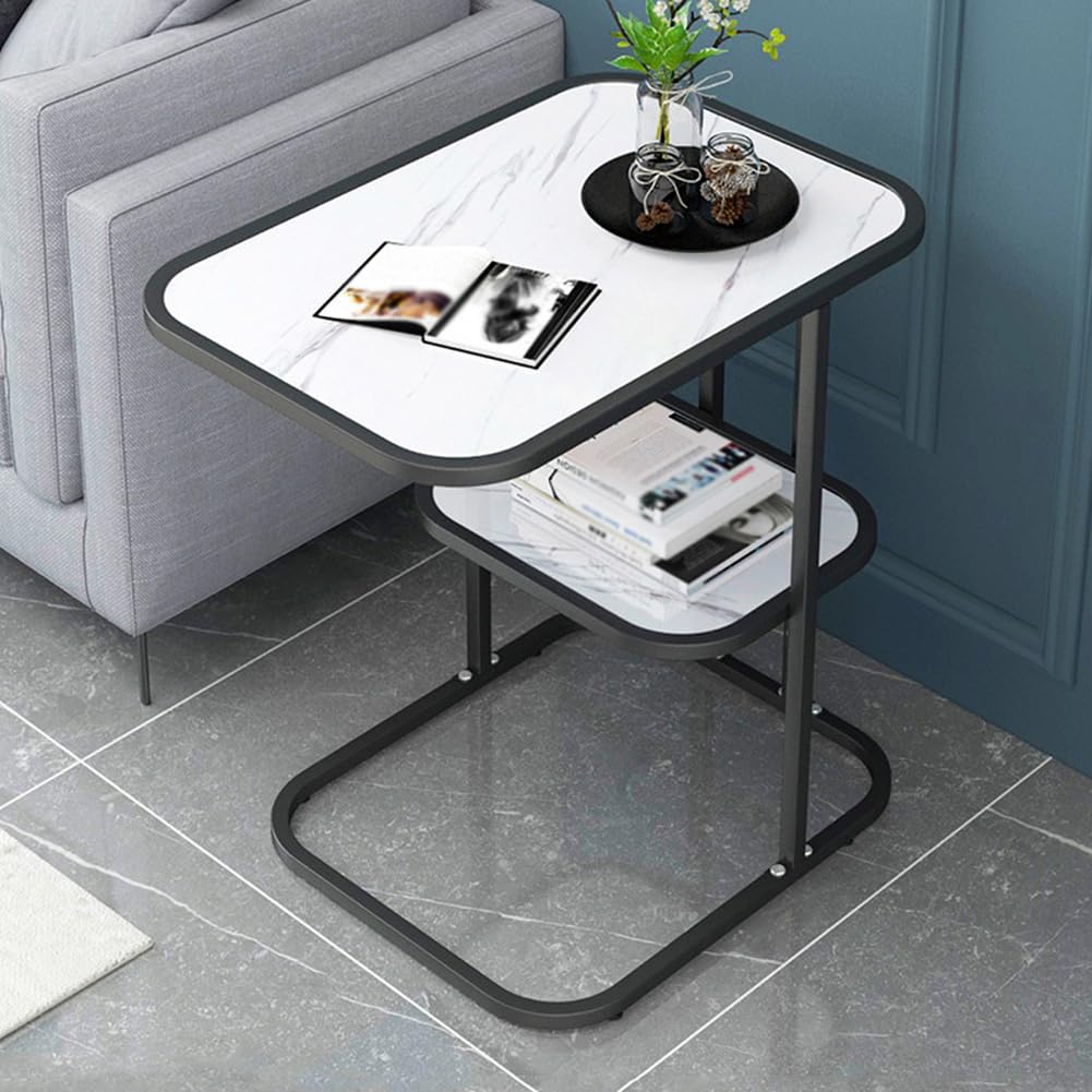 SXZenSpace C Shaped Couch Side Table with Metal Frame, 2-Tier Storage Tv Tray Table,Small Snack End for Living Room,Bedroom,black frame white,B