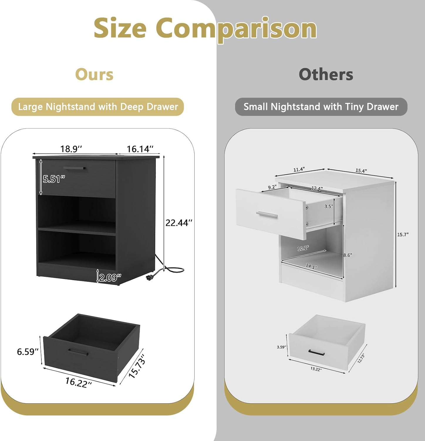 Black Nightstand with Charging Station,Modern Night Stand with Drawer and Open Shelf,Bedside Table with Storage for Bedroom, End Side Table for Living Room